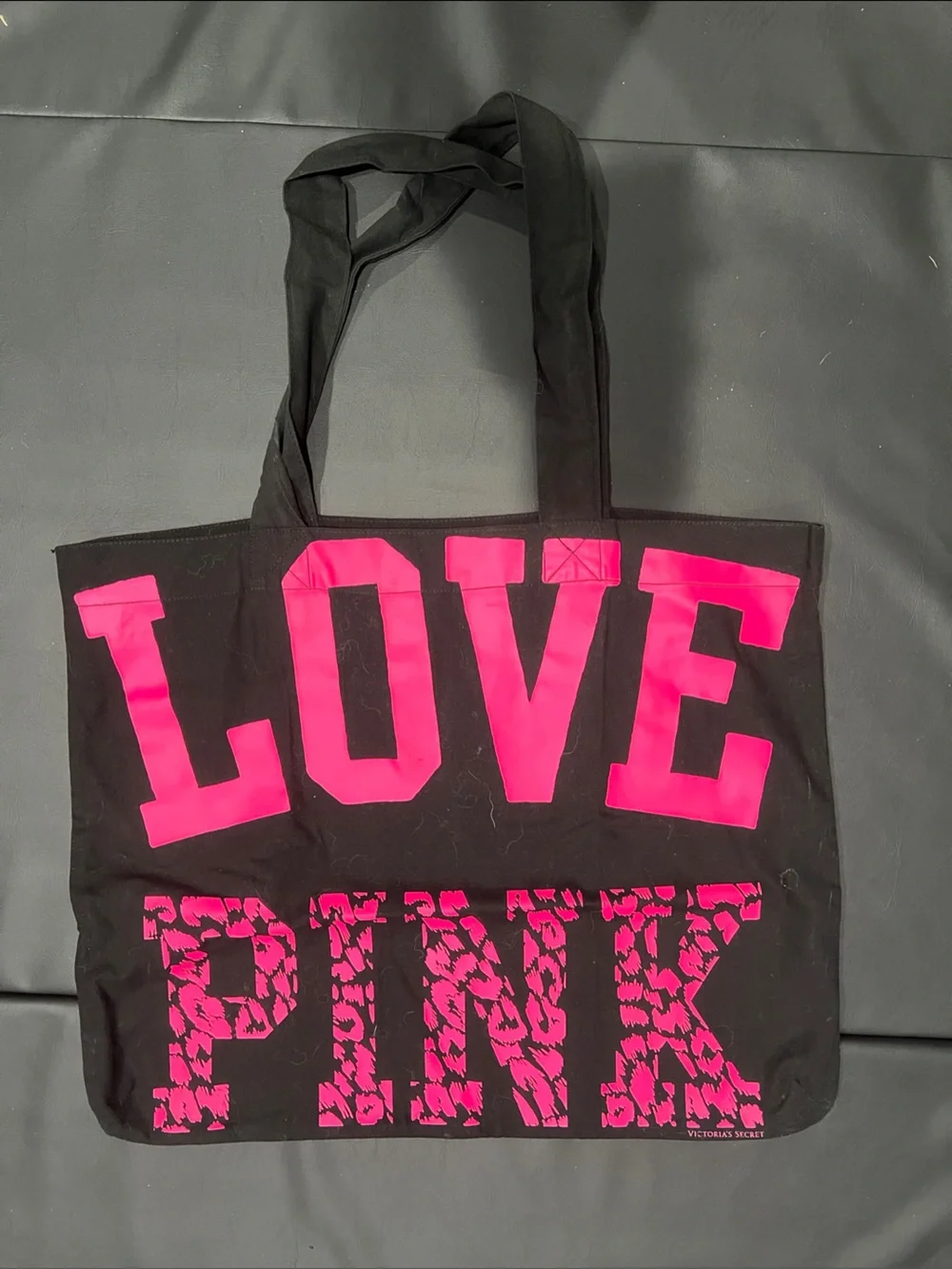 VICTORIA’S SECRET Black Tote with Hot Pink LOVE and PINK Graphics - Picture 1 of 1